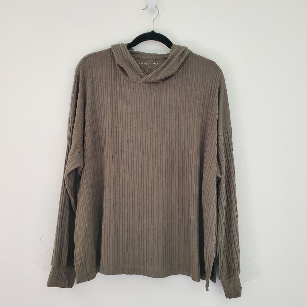 American Eagle Hooded Pullover Women's L Green Oversized Ribbed Lightweight